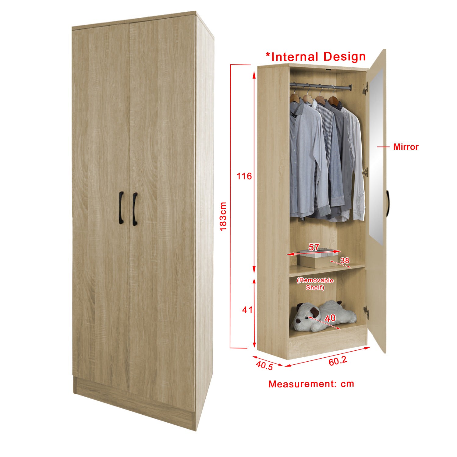 Munich Series 2-Door Soft Closing Wardrobe w/ Mirror Add-On in 2 Colours