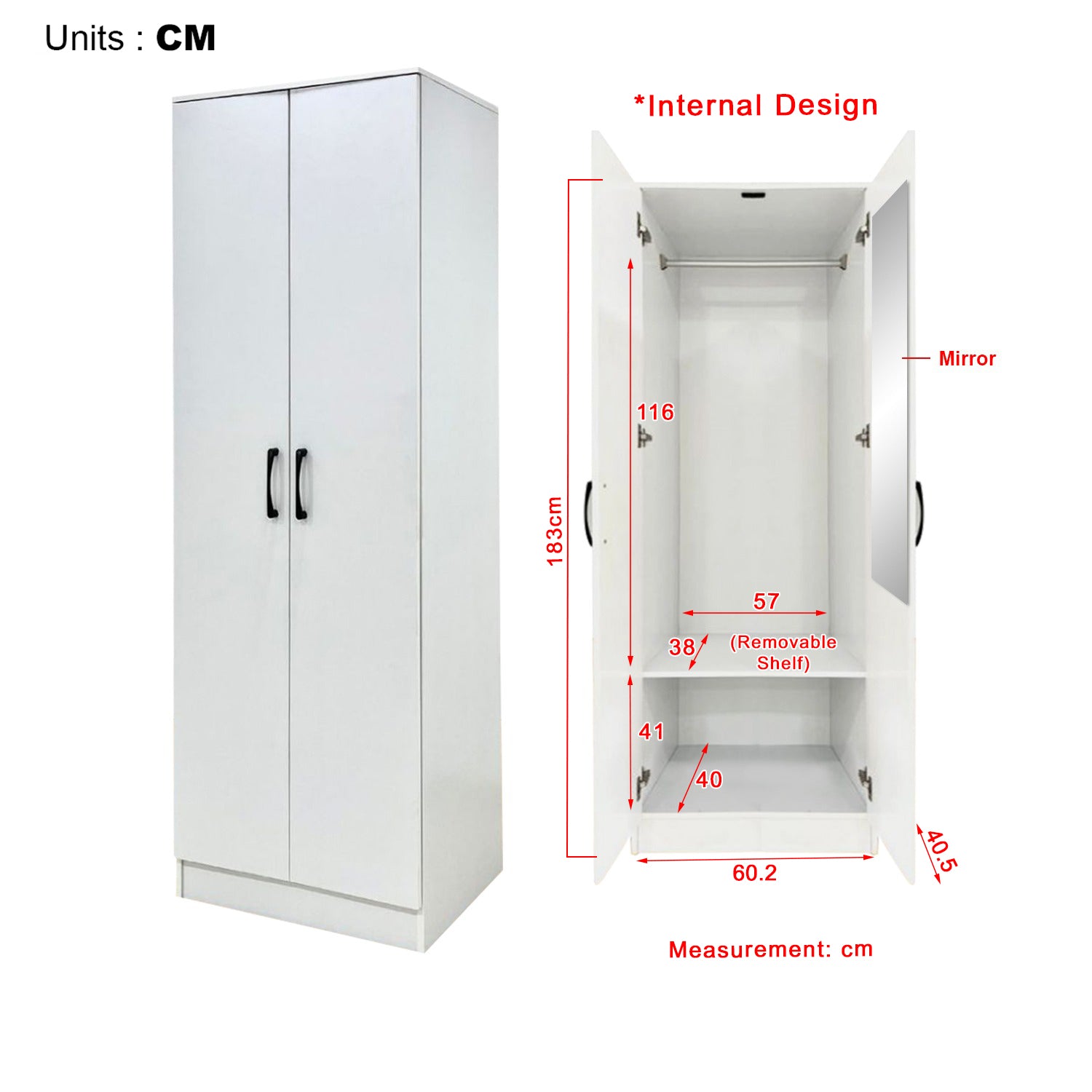Munich Series 2-Door Soft Closing Wardrobe w/ Top Cabinet & Mirror Add-On in White