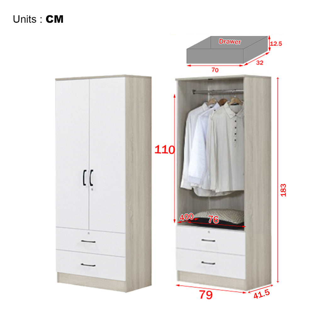 Poland Series 2 Door Wardrobe with Drawers in Ivory & White Colour