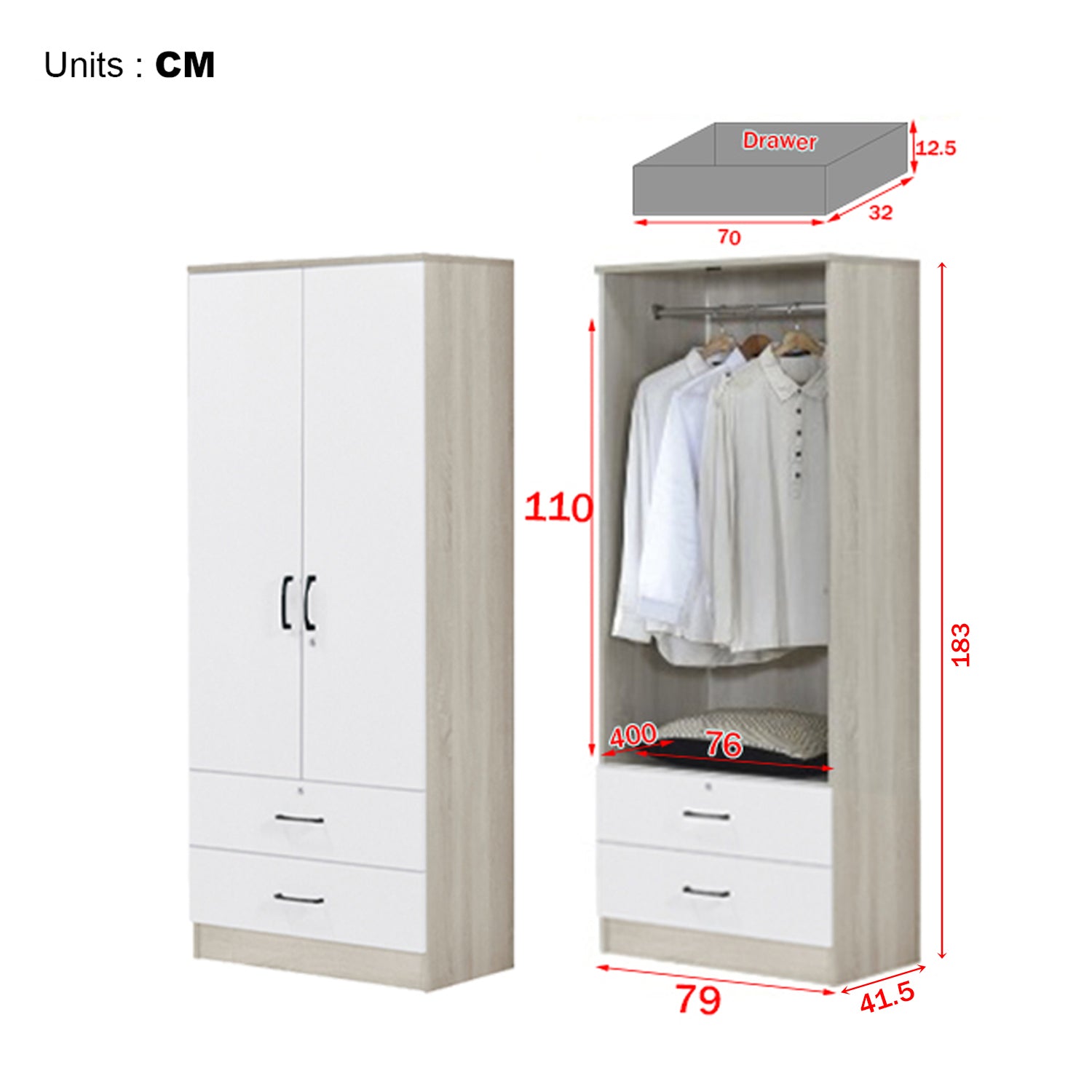 Poland Series 2 Door Wardrobe with Drawers in Ivory & White Colour