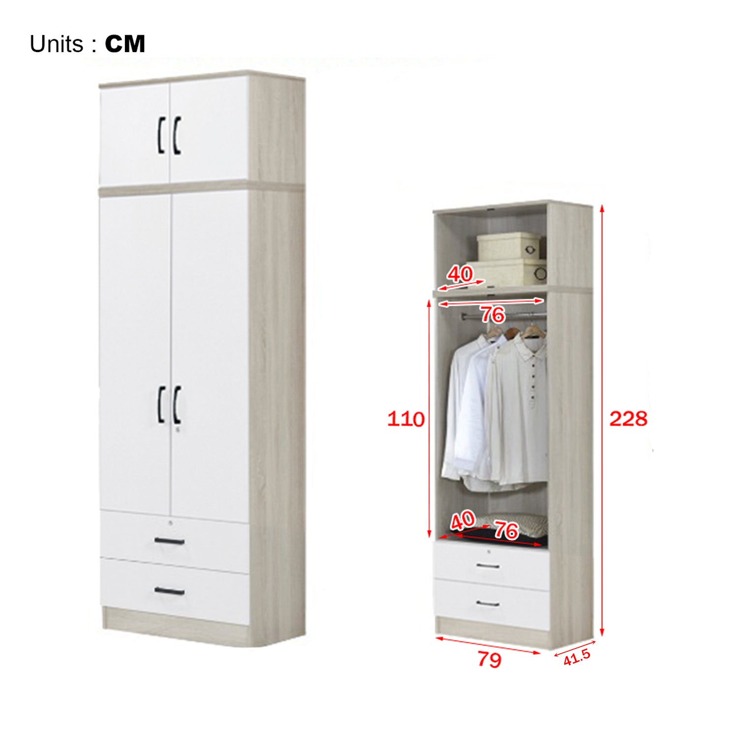 Poland Series 2 Door Wardrobe with Drawers and Top Cabinet in
