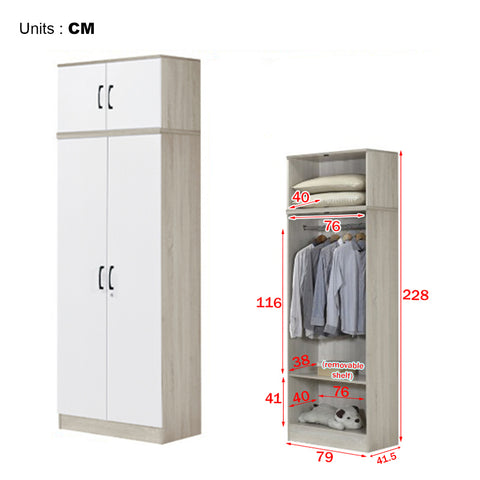 Image of Poland Series 2 Door Tall Wardrobe with Top Cabinet in Ivory & White Colour