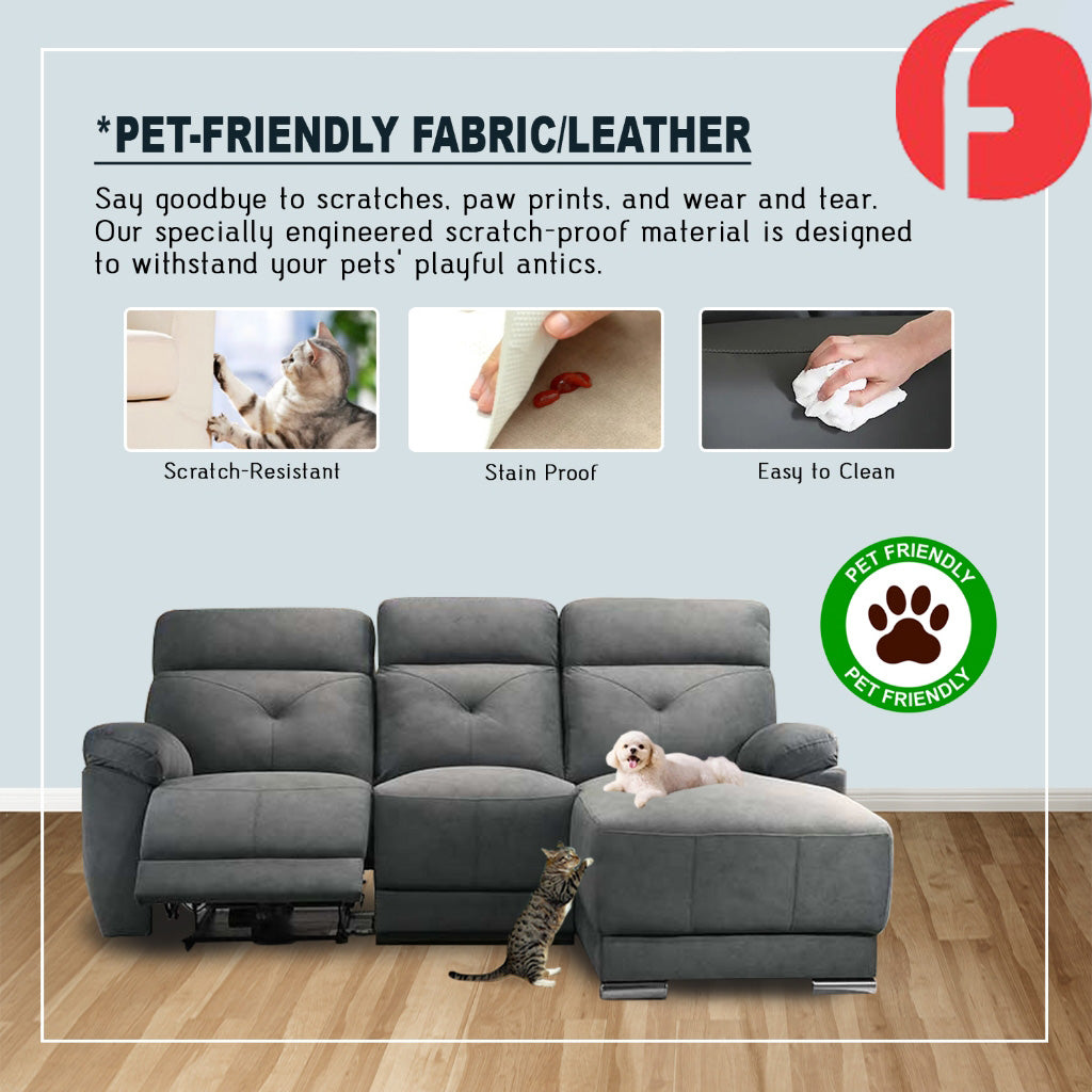 Elden Recliner L-Shaped Sofa in 47 Colour - w/ PetFriendly Fabric/Leather