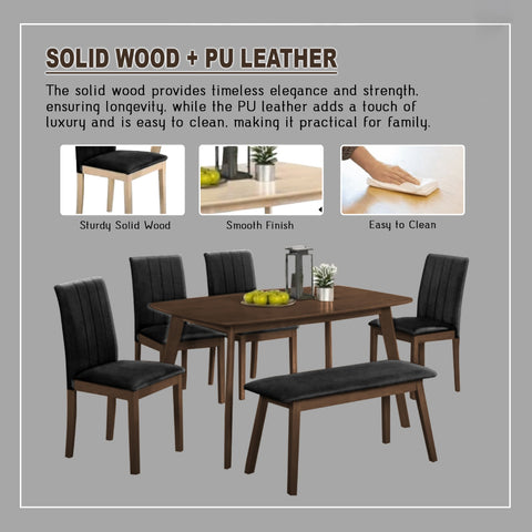 Image of Hilda Solid Wood Dining Set Table with PU Leather Chair and Bench in 2 Colours