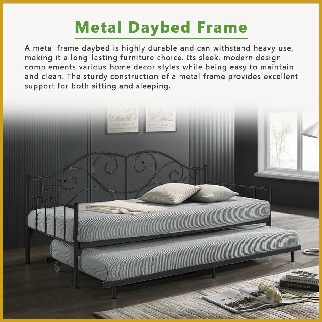 Emily Metal Daybed Bed Frame Single with Pull-Out in Black/White Colour w/ Mattress