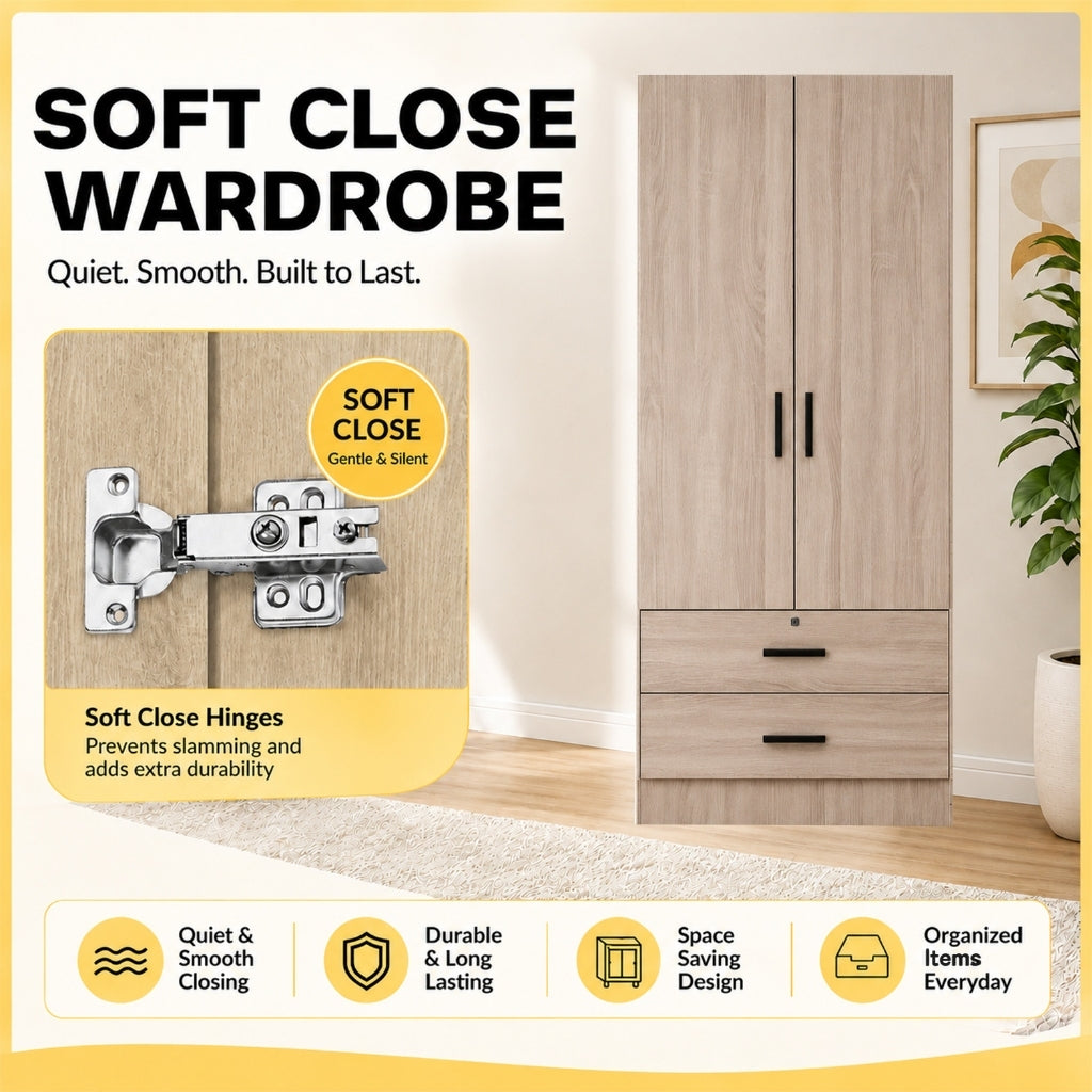 KENNA 2 Open Door CARB-P2 Certified Board Wardrobe With 2 Drawers - Free Installation