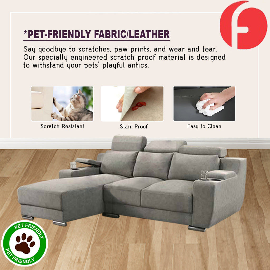Kiaan Sofa Armrest Storage + Cup Holders 3/4L Shape Sofa Set w/ Pet-Friendly Option