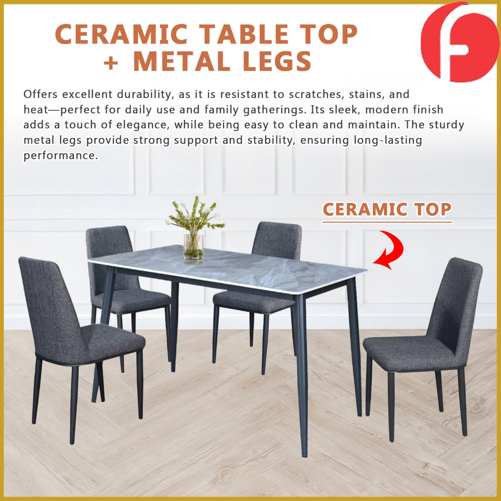 Elba 1+4/1+6 Dining Set Table with Chair Ceramic Table Top with Metal Legs
