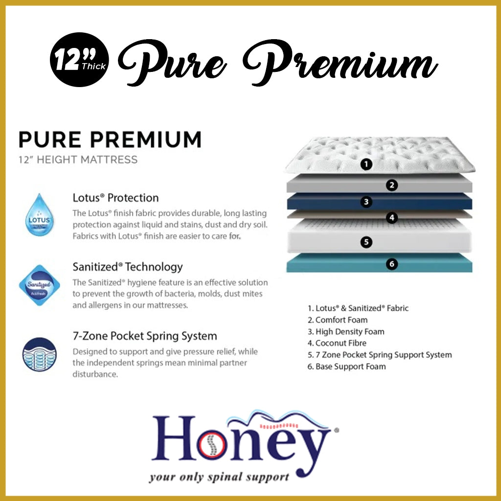 Honey Pure Premium 12" 7-Zone Pocket Spring Mattress w/ FREE PILLOW - All Sizes Available