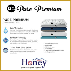 Honey Pure Premium 12" 7-Zone Pocket Spring Mattress - All Sizes Available