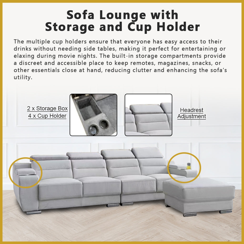 Eloise 4-Seater Sofa with Stool,  Storage & Cup Holder w/ Pet-Friendly Scratch-Resist
