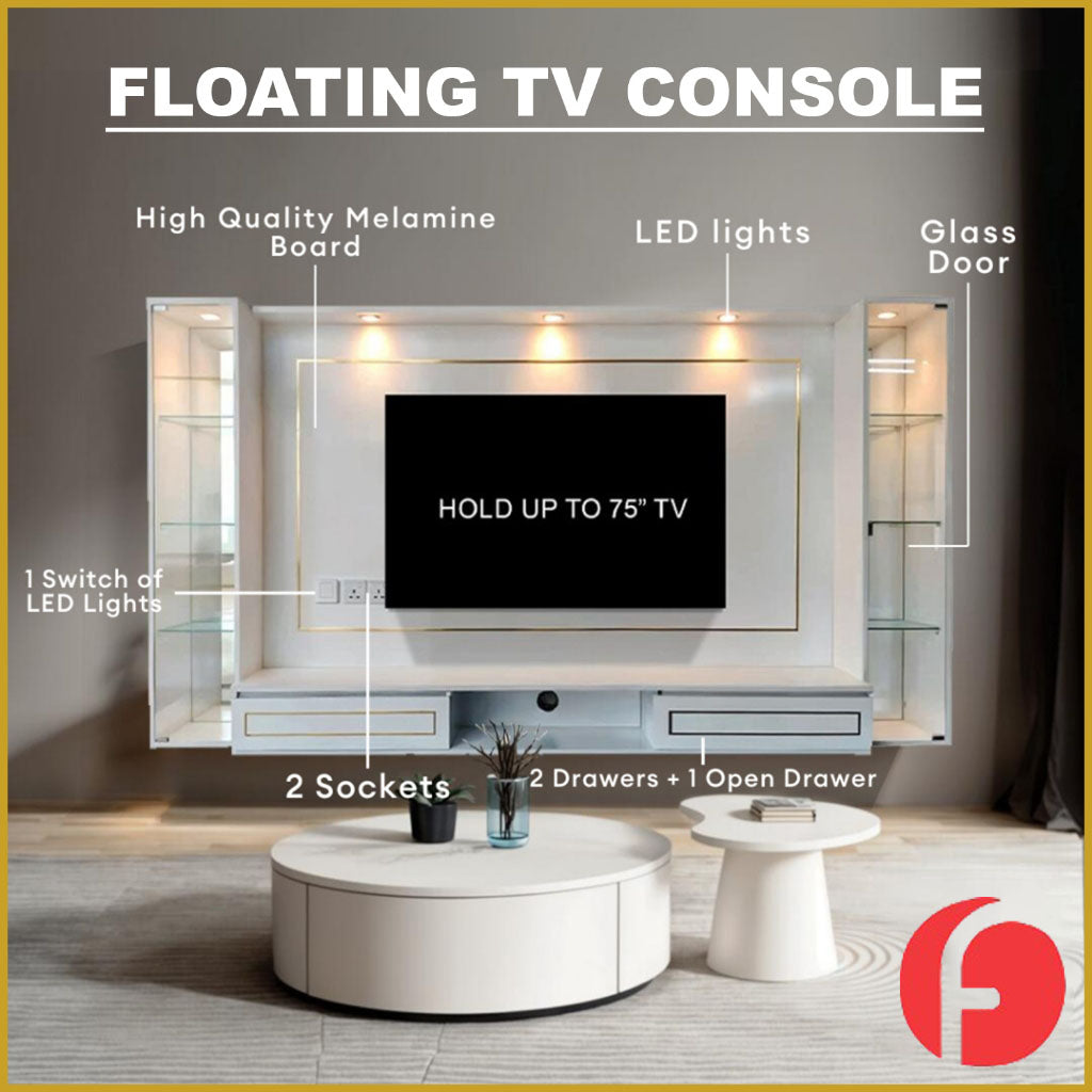 Wendy Hanging TV Console Floating with Socket, LED Light, Display Cabinet & Drawers