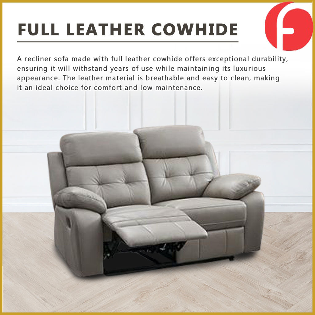 Callie 1/2/3-Seater Full Leather Cowhide Sofa All Seat Recliner in Grey Colour