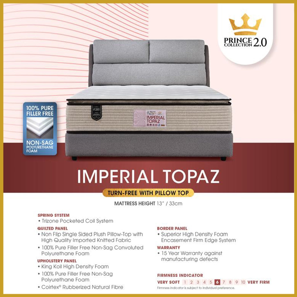 King Koil Imperial Topaz 13" Mattress Chiropractic Coil - Bundle w/ Pillow - All Sizes