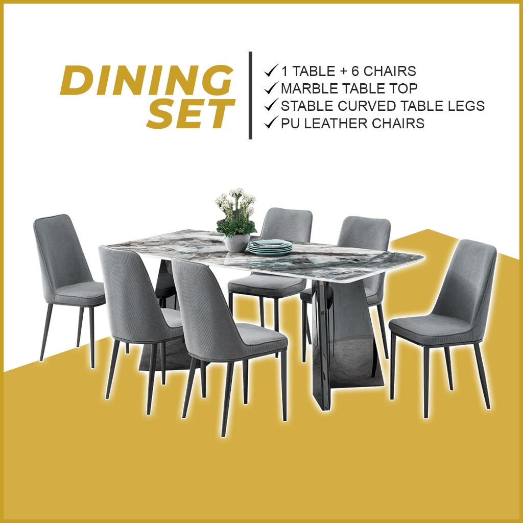 Lyron 1+6 Dining Set Marble Table with PU Leather Chair