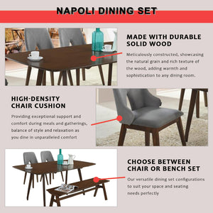 Napoli Solid Wood Dining Set Table with Chair and Bench - Available in Natural and Walnut Colour