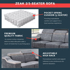 Zeak 2-Seater 3-Seater Sofa Adjustable High Back in Grey Fabric