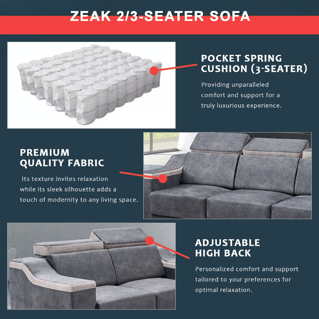 Zeak 2-Seater 3-Seater Sofa Adjustable High Back in Grey Fabric