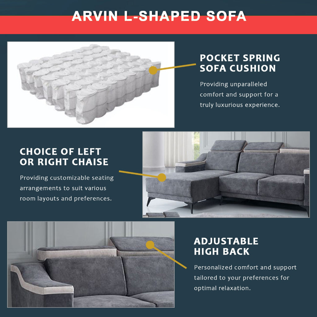Arvin Left/Right L-Shaped Sofa Adjustable High Back in Grey Fabric