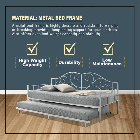 Image of Ferro Metal Daybed Bed Frame with Pull-Out in Black or White Colour - w/ Mattress Option