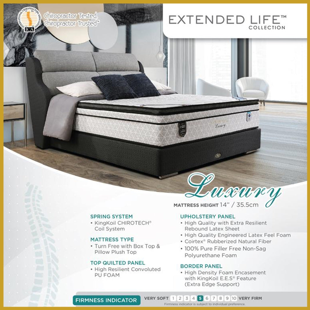 King Koil Luxury 14" Mattress Chiro tech Coil Extended Life Collection - Bundle w/ Pillow - All Sizes