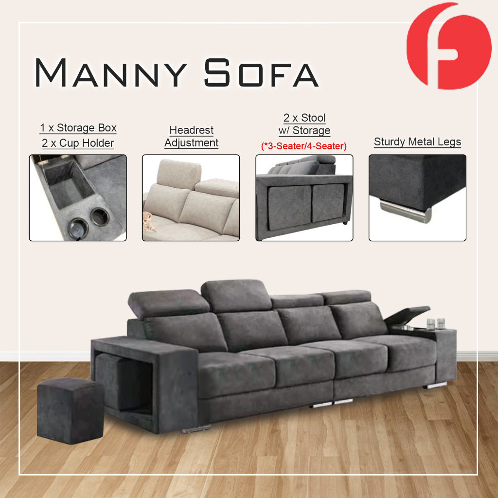 Manny 1/2/3/4-Seater Sofa with Stool Storage & Cup Holder w/ Pet-Friendly Option