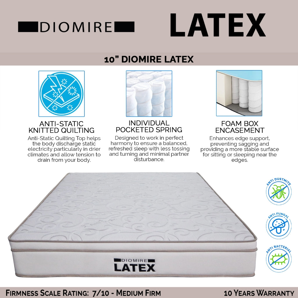 Diomire 10" LATEX Anti-Static Mattress Individual Pocketed Spring - All Sizes