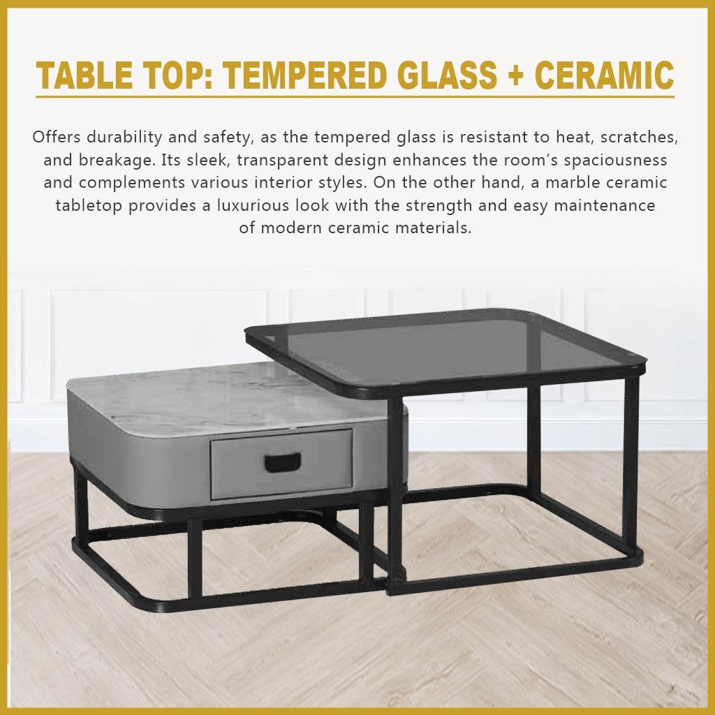 Henni 2-Piece Coffee Table with Drawer - Tempered Glass Top + Marble Ceramic Top