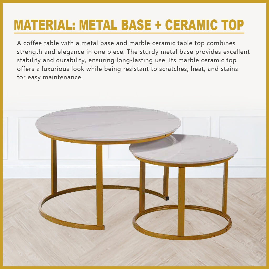 Farra 2-Piece Round Coffee Table Metal Leg + Marble Ceramic Top in 2 Colour