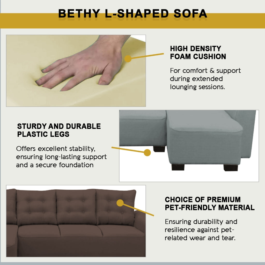 Bethy 4-Seater L-Shaped Sofa with Chaise High Density Foam w/ PetFriendly Options