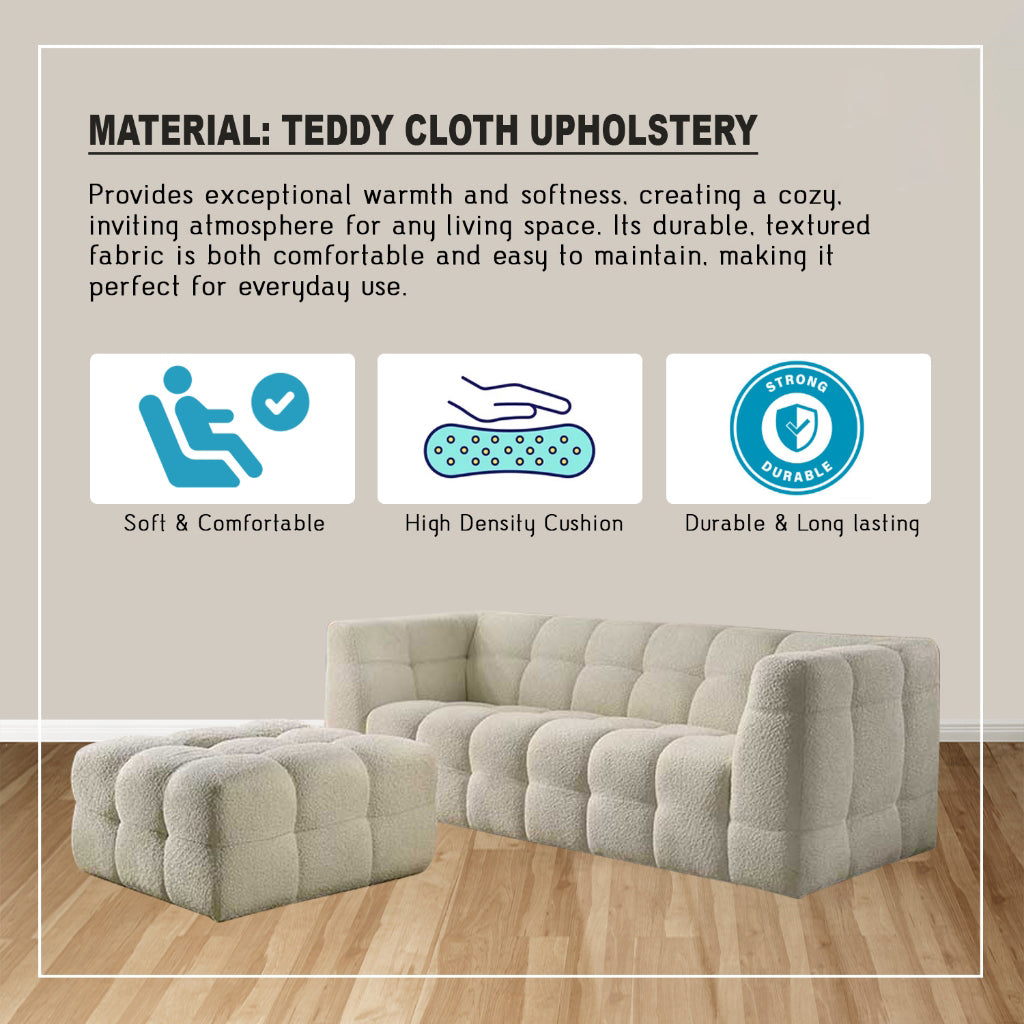 Falan 4-Seater Sofa with Stool Teddy Cloth Upholstery Sofa in Light Grey/Beige Colour