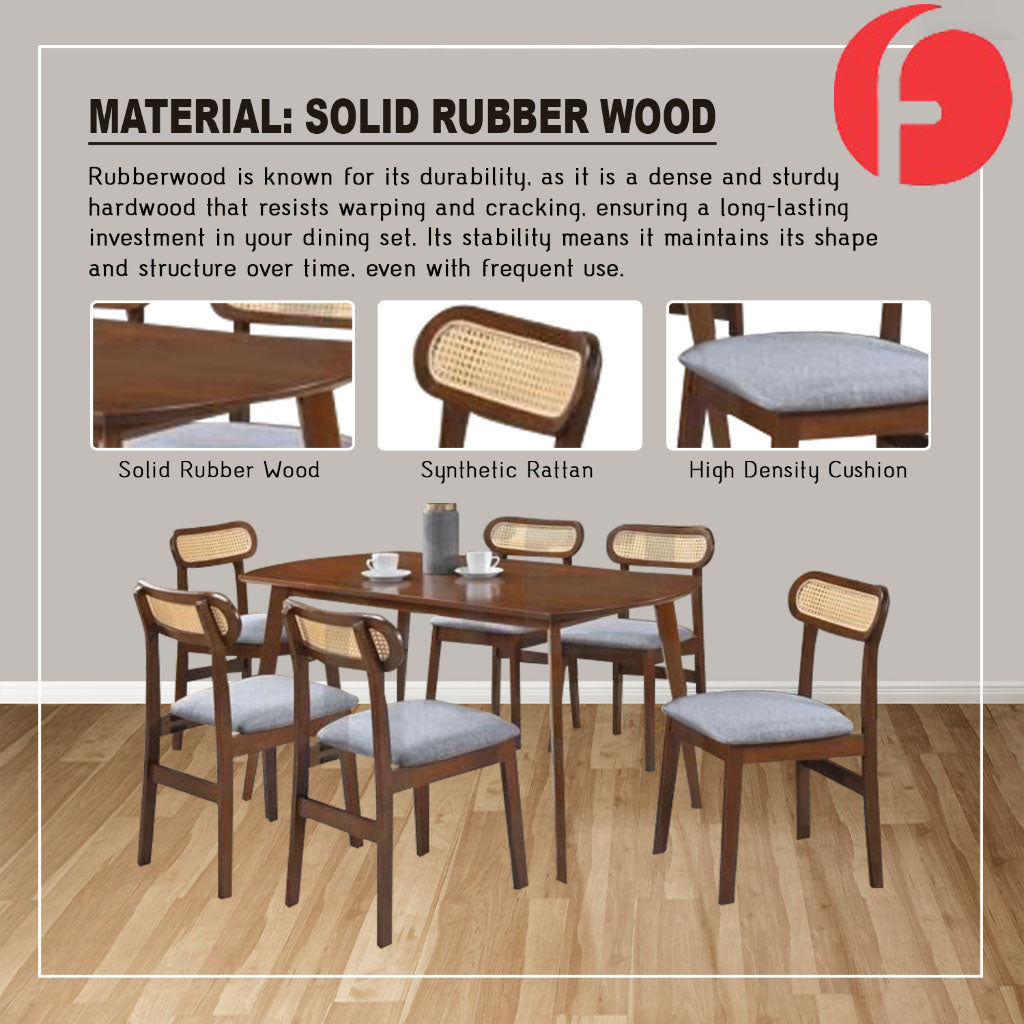 Willy 1+6 Dining Set w/ Table & Chair Solid Rubber Wood with Synthetic Rattan