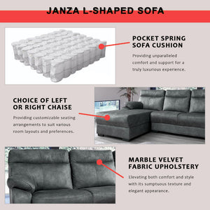 Janza Marble Velvet Fabric Left/Right L-Shaped Sofa in Marble Grey Colour