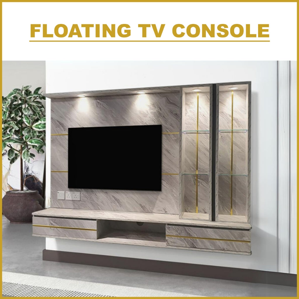Bianca Hanging TV Console Floating with Display Shelf Cabinet & Built-in Light & Socket
