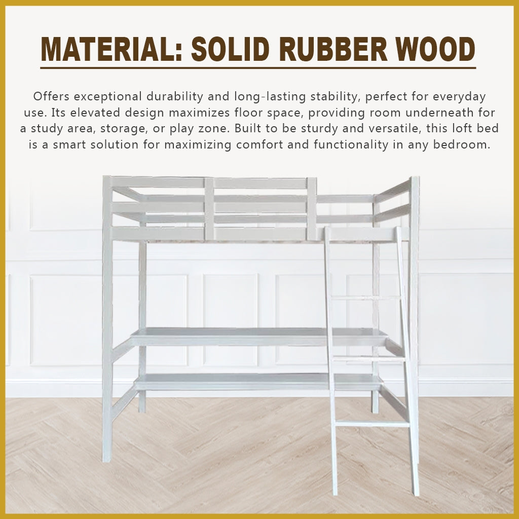 Lamer Single Loft Bed Solid Rubberwood Sturdy Durable in 3 Colours - w/ Mattress