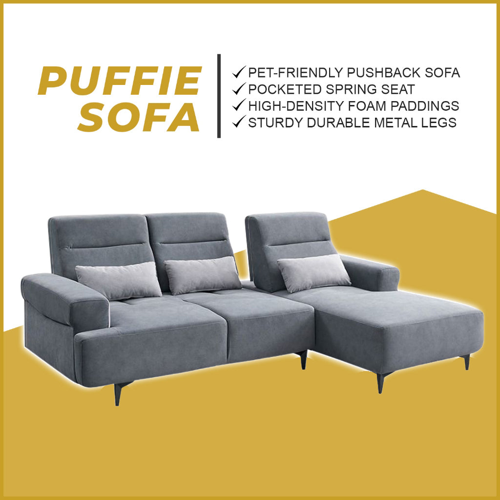 Puffie Pet-Friendly L-shaped Pushback Sofa Pocketed Spring Seat in Grey Colour