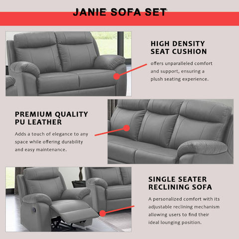 Image of Janie Single Recliner with 2+3-Seater Sofa Set PU Leather in Grey Colour