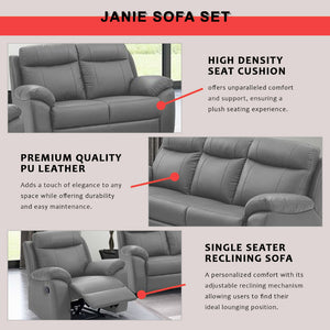 Janie Single Recliner with 2+3-Seater Sofa Set PU Leather in Grey Colour