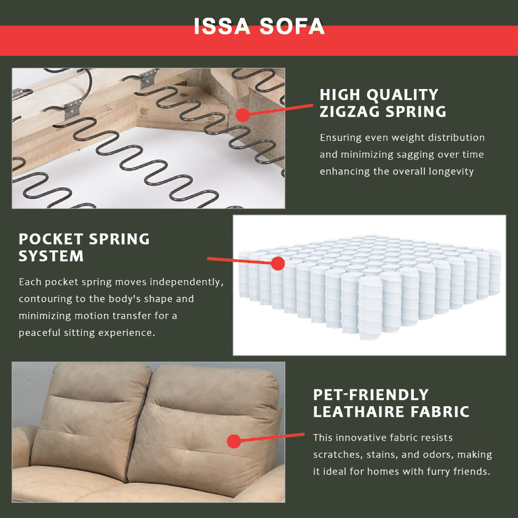 Issa 2/3-Seater Sofa Pet-Friendly Leathaire Fabric ZigZag Spring and Pocket Spring Sofa in Beige
