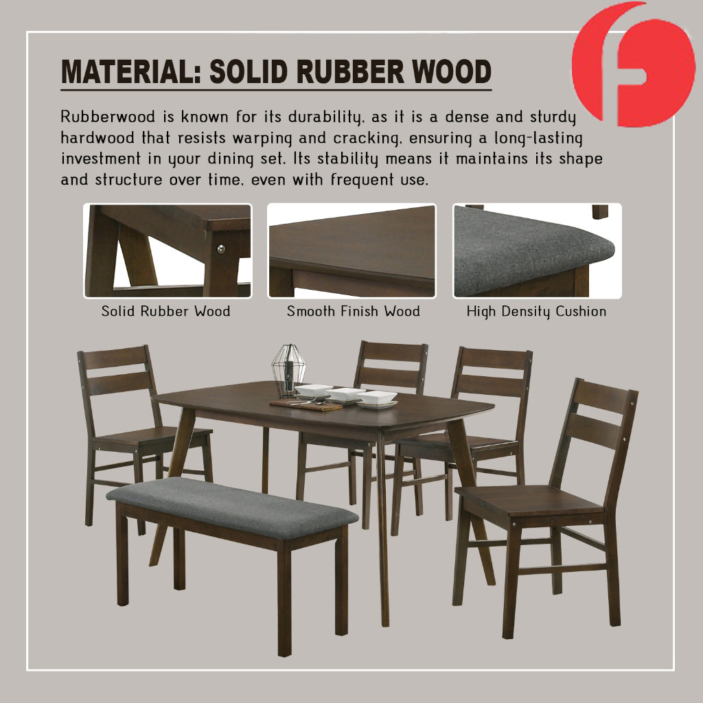Jorgan 4/6 Seater Dining Set w/ Table, Chair & Bench Solid Rubber Wood in Walnut Colour