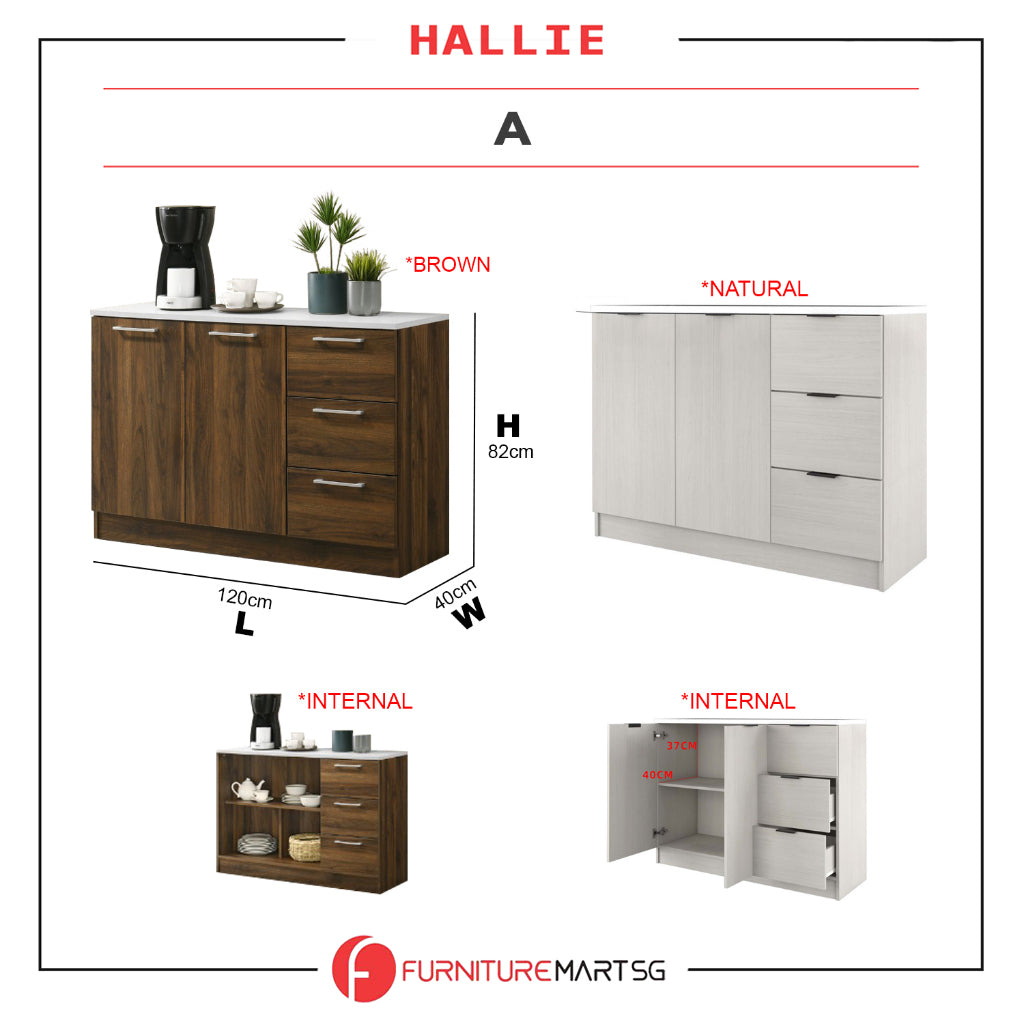 Hallie Series Modular Kitchen Cabinet Melamine Panel Top with Hanging Cabinet in Brown & Natural Color.