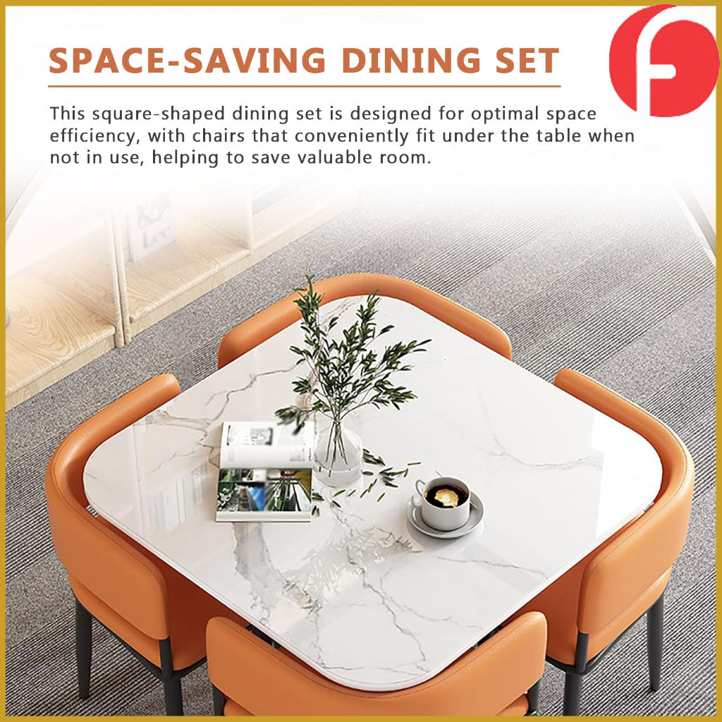 Rachel Dining Set with Curved Edges Sintered Stone Table Top Leather High Density Chair