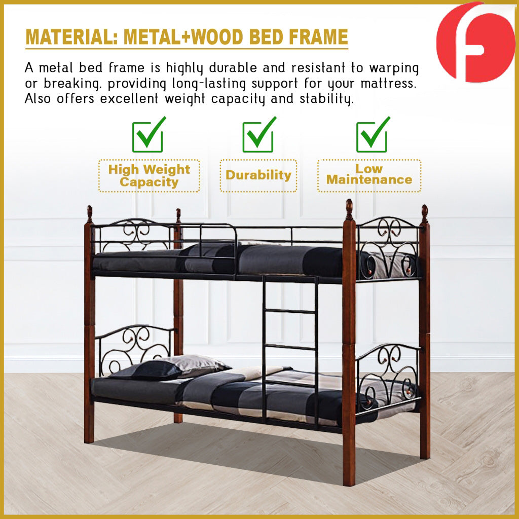 Bryan Single Metal+Wooden Double Decker Bed Frame in 2 Colours - w/ Mattress Option