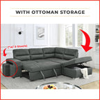 Jaylie Left-Right Reversible Sleeper Sectional Sofa with Ottoman Storage in Grey Pet Friendly Fabric