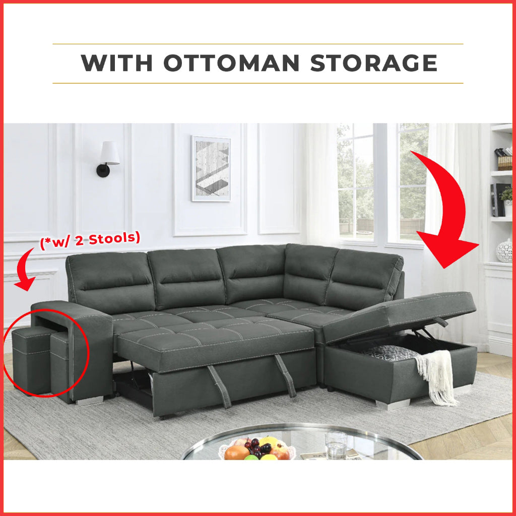 Jaylie Left-Right Reversible Sleeper Sectional Sofa with Ottoman Storage in Grey Pet Friendly Fabric