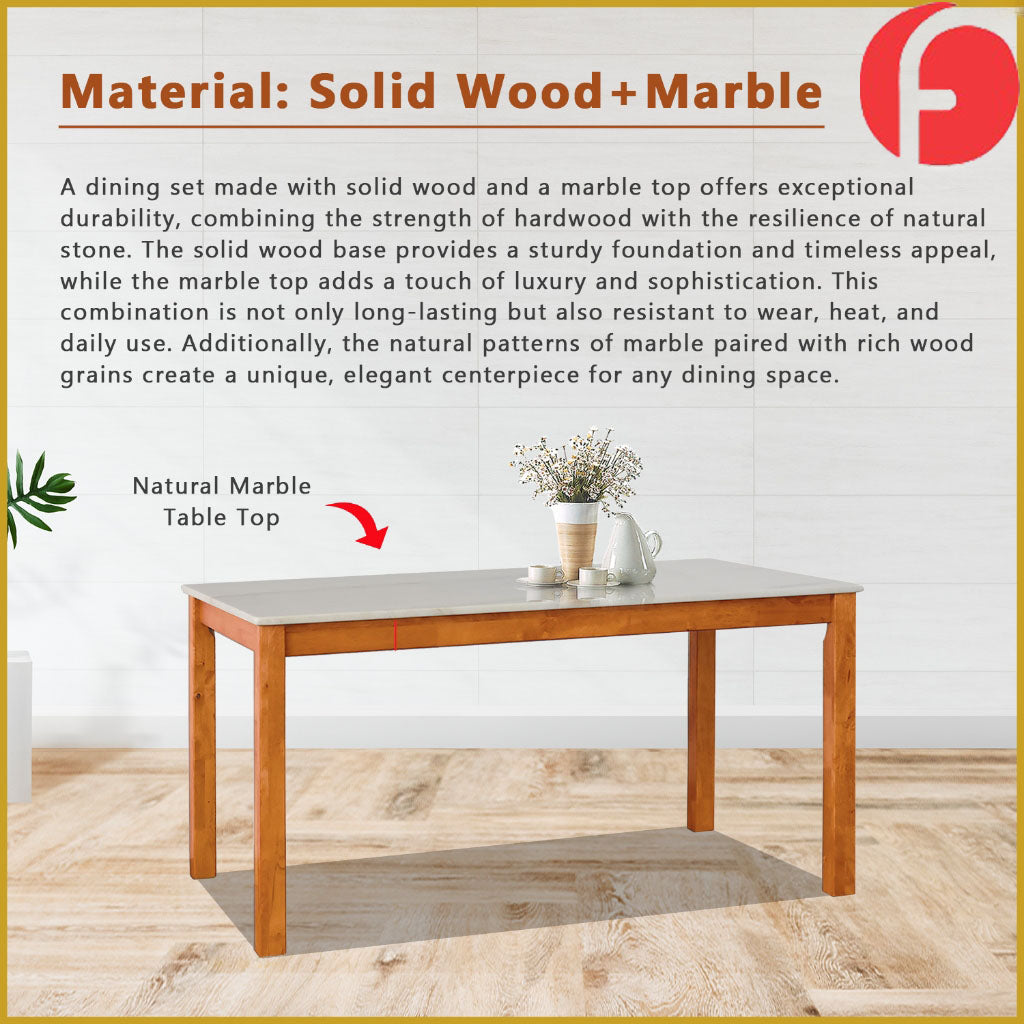Kamila Dining Set with Table & Chairs 1+6 in Solid Wood Natural Marble Top Cherry/Walnut