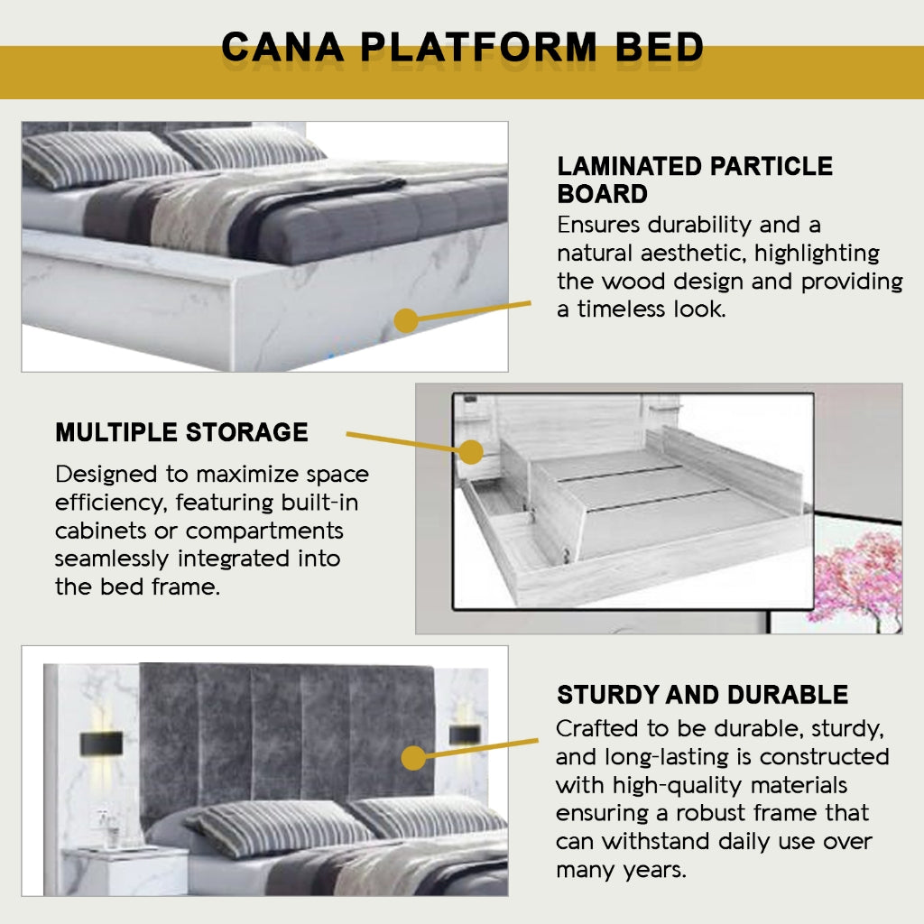 Cana Queen/King Size Platform Bed Frame with Side Table w/ Drawers & Hidden Storage