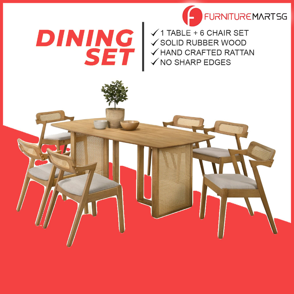 Mamu 1+6 Dining Set Solid Rubber Wood + Hand Crafted Rattan