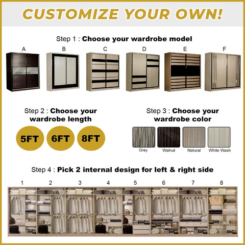 Image of Charie Series 5FT/6FT/8FT Customizable Sliding Door Modular Wardrobe in 6 Designs
