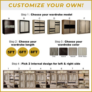 Charie Series 5FT/6FT/8FT Customizable Sliding Door Modular Wardrobe in 6 Designs
